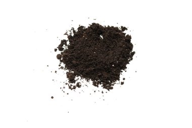 Beyaz arka planda izole edilmiş bitkiler için kara toprak. Yer deseni.