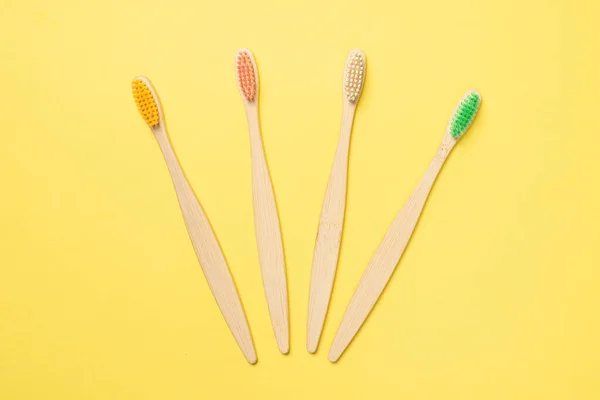 Bamboo Toothbrush Blue Background Top View — Stock Photo, Image