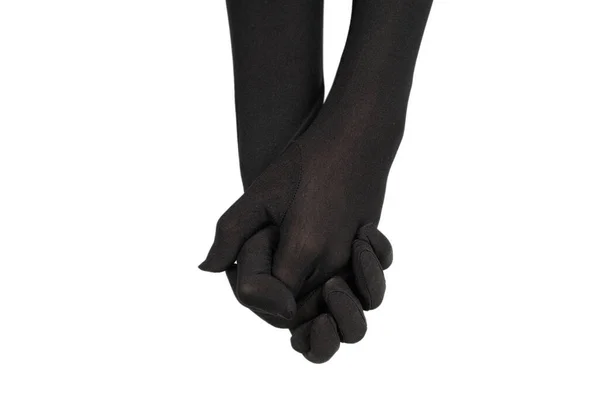 Γυναίκα Βάζει Μακριά Μαύρα Γάντια Που Απομονώνονται Λευκό Φόντο — Φωτογραφία Αρχείου