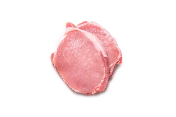 Rauwe Stukjes Varkensvlees Geïsoleerd Een Witte Achtergrond Bovenaanzicht — Stockfoto
