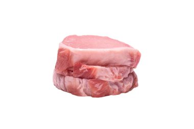 Beyaz arka planda çiğ domuz parçaları. Üst görünüm. 