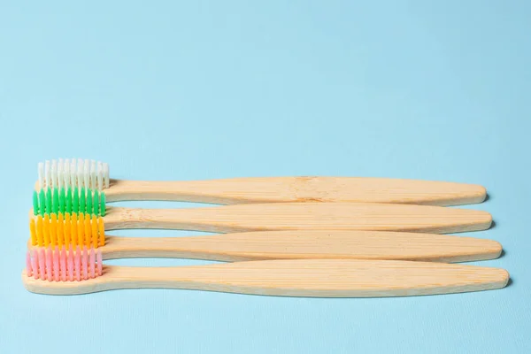 Bamboo Toothbrush Blue Background Top View — Stock Photo, Image