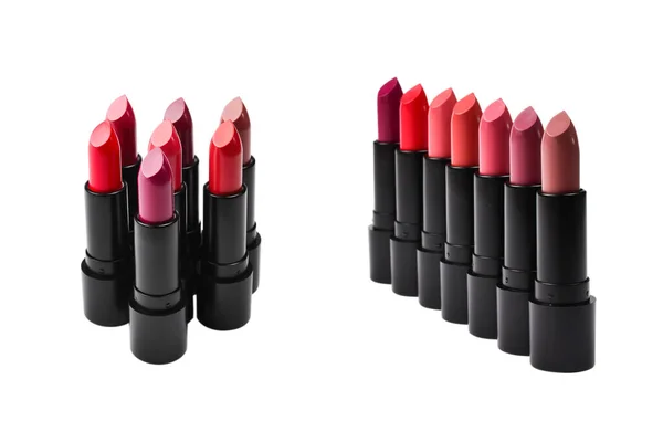 Veel Verschillende Lipsticks Verschillende Kleuren Lila Achtergrond Ruimte Voor Tekst — Stockfoto