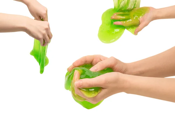 Groen Slijm Speelgoed Vrouw Hand Geïsoleerd Witte Achtergrond — Stockfoto