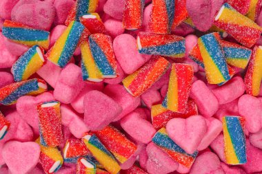 Lezzetli jelibon şekerler. Üst Manzara. Pembe jöleli şeker arka planı. 