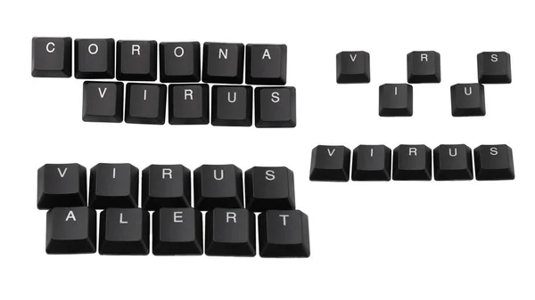 在键盘上写的单词Coronavirus 被白色隔离了顶部视图 — 图库照片