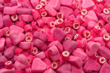 Lezzetli jelibon şekerler. Üst Manzara. Pembe jöleli şeker arka planı. 