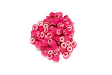 Pembe jelibonlu şekerler. Üst Manzara. Jöleli şekerler. Beyaz bir arkaplanda izole edilmiş.