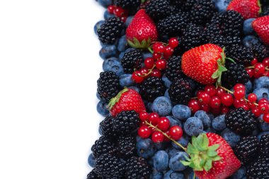 Blackberry, ahududu, yabanmersini, fonda kırmızı frenk üzümü. Üst görünüm. 