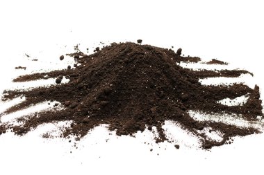 Beyaz arka planda izole edilmiş bitkiler için kara toprak. Yer deseni.