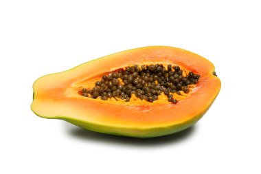Papaya meyvesi beyaz arka planda izole edilmiş. Tropik meyve. Yarı papaya. Üst görünüm. 