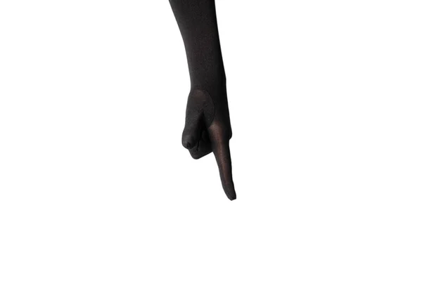 Woman Long Black Gloves Pointing Something Isolated White Background — Stock Photo, Image