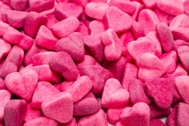 Lezzetli jelibon şekerler. Üst Manzara. Pembe jöleli şeker arka planı. 