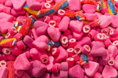 Lezzetli jelibon şekerler. Üst Manzara. Pembe jöleli şeker arka planı. 