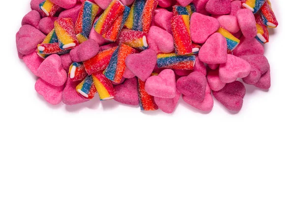 Różne Smakowite Gumowe Cukierki Widok Góry Różowy Galaretki Słodycze Tło — Zdjęcie stockowe