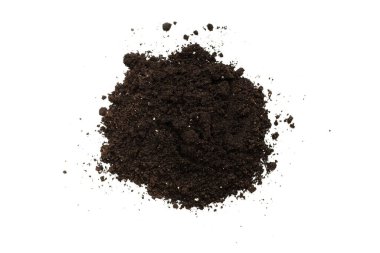 Beyaz arka planda izole edilmiş bitkiler için kara toprak. Yer deseni.
