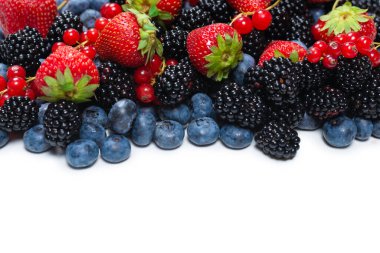 Böğürtlen, ahududu, yaban mersini, beyaz arka planda kırmızı frenk üzümü. Üst görünüm. 