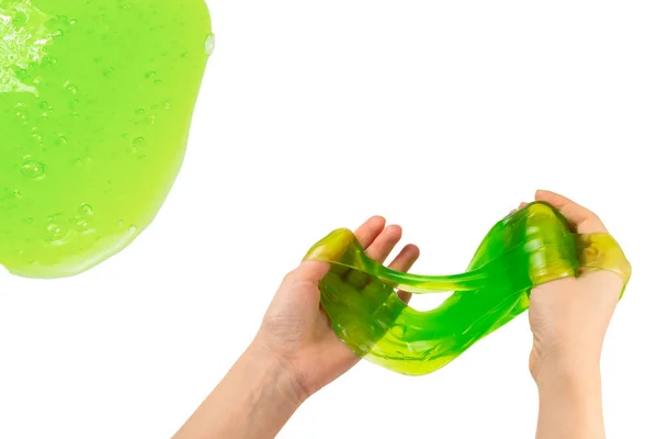 Brinquedo Lodo Verde Mão Mulher Isolado Branco Vista Superior — Fotografia de Stock
