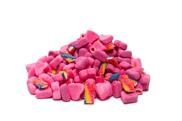 Roze Gummisnoepjes Bovenaanzicht Jelly Snoepjes Geïsoleerd Een Witte Achtergrond — Stockfoto