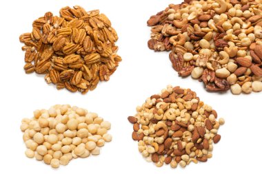 Beyaz arka planda izole edilmiş fındık karışımı. Üst görünüm. 