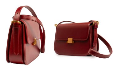 Burgundy omuz deri çanta beyaz arka planda izole. 