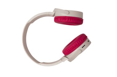 Pembe ve beyaz kulaklıklar beyaz arka planda izole edilmiş..