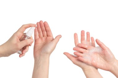 Beyaz arka planda el dezenfeksiyonu var. Üst görünüm. 