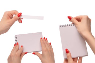 Kırmızı tırnaklı kadınların elinde boş beyaz kağıt olan bir defter. Boşluğu kopyala. 