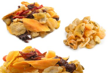 Kurutulmuş egzotik meyve, mango, ananas dilimleri, tutku meyvesi, papaya karışımı. Vejetaryen tatlı..  