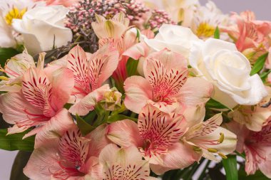 Pembe ambalaj kağıdında yumuşak pembe çiçekler..