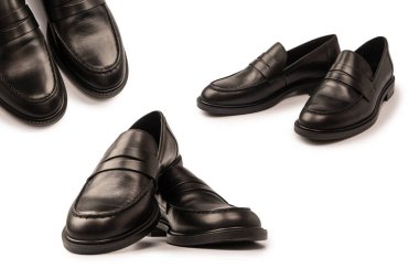 Beyaz arka planda izole edilmiş siyah deri ayakkabılar..