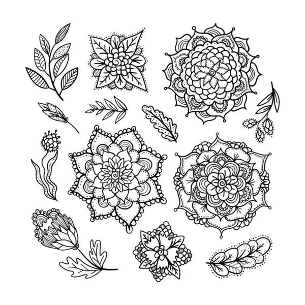 Florale Vektordekorationen Set. Handgezeichnete Illustration, Kritzelblätter, Mandalas — Stockvektor