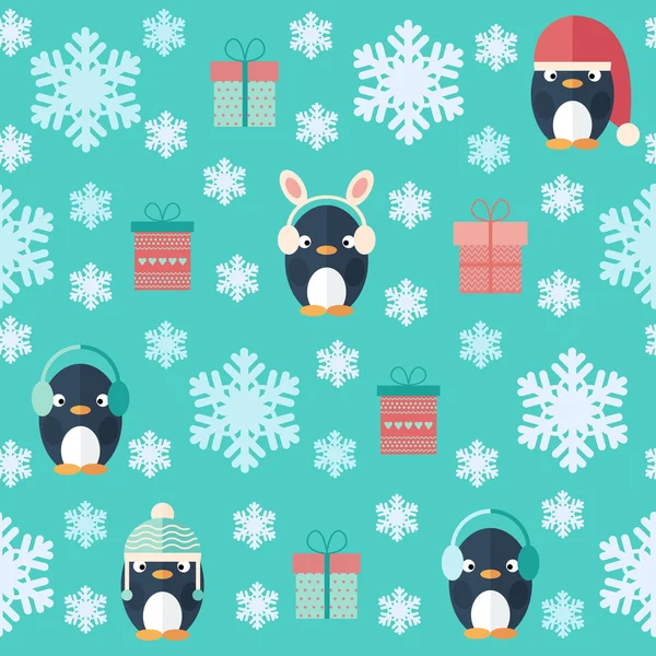 Christmas flat seamless pattern with gifts and penguins — Stock Vector