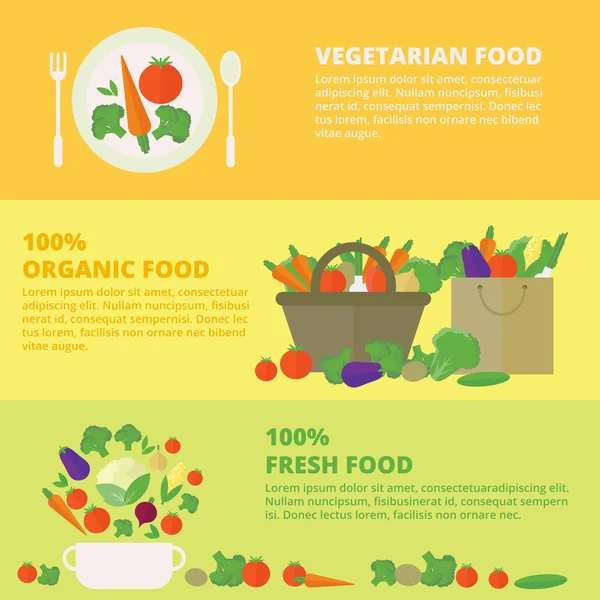 Vector banners, kort med färska frukter och grönsaker — Stock vektor