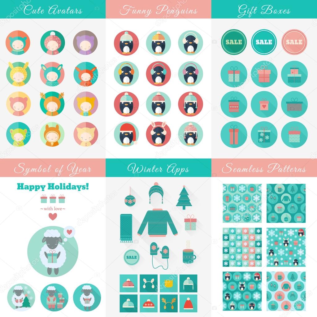 Set of design elements for Christmas and New Year in flat style