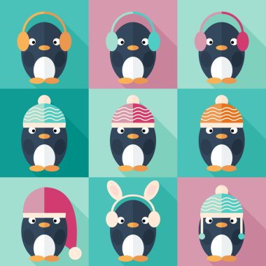 Penguenler Icons set düz tasarım