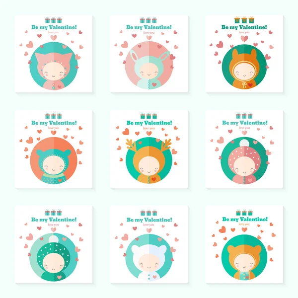 Tarjetas infantiles con personajes lindos para el día de San Valentín — Vector de stock