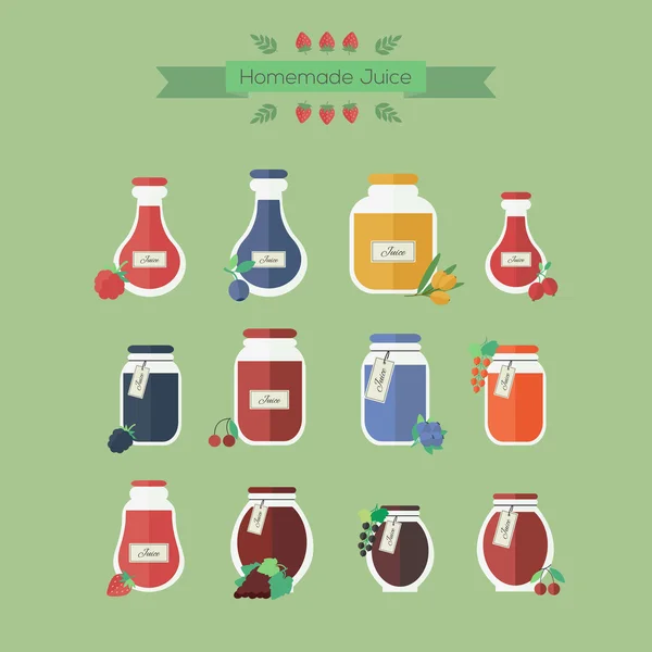 Collection of jars with juice. Vector objects in flat — Stock Vector