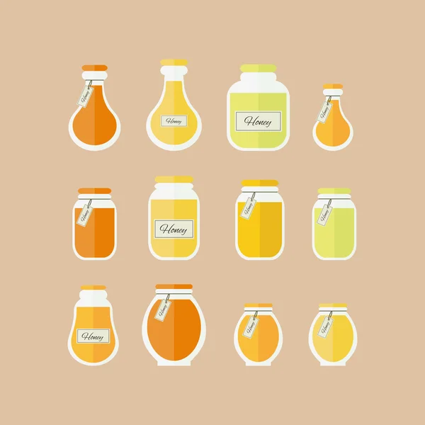 Ilustração vetorial. Conjunto de ícones de frascos de mel — Vetor de Stock