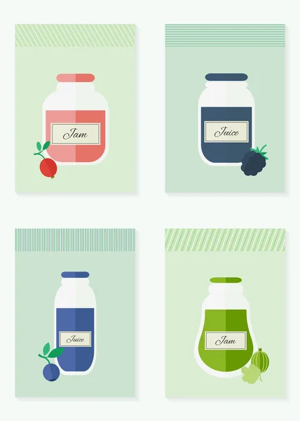Marmelat ve meyve suyu düz stil kartlarda izole — Stok Vektör