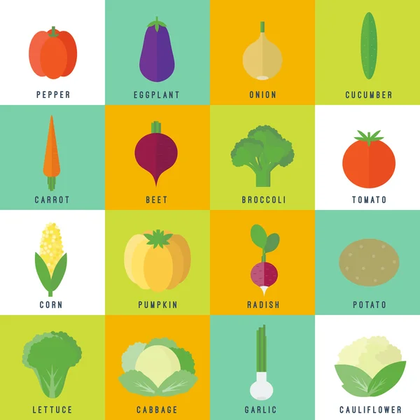 Iconos con verduras en plano. Ilustración vectorial — Archivo Imágenes Vectoriales