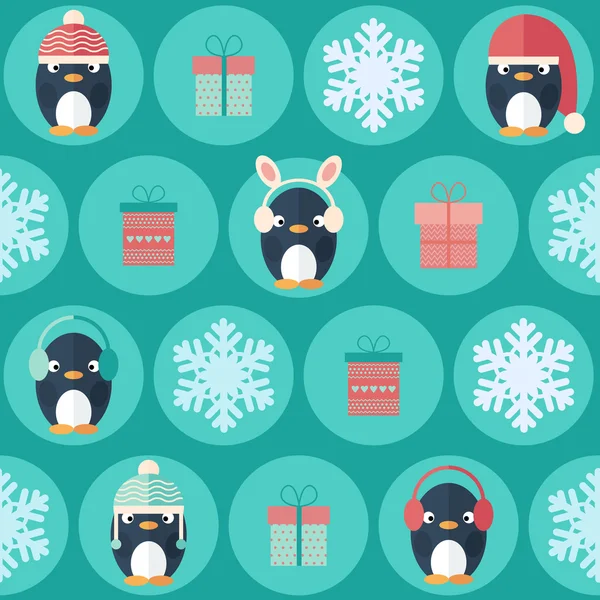 Christmas flat seamless pattern with gifts and penguins — Stock Vector