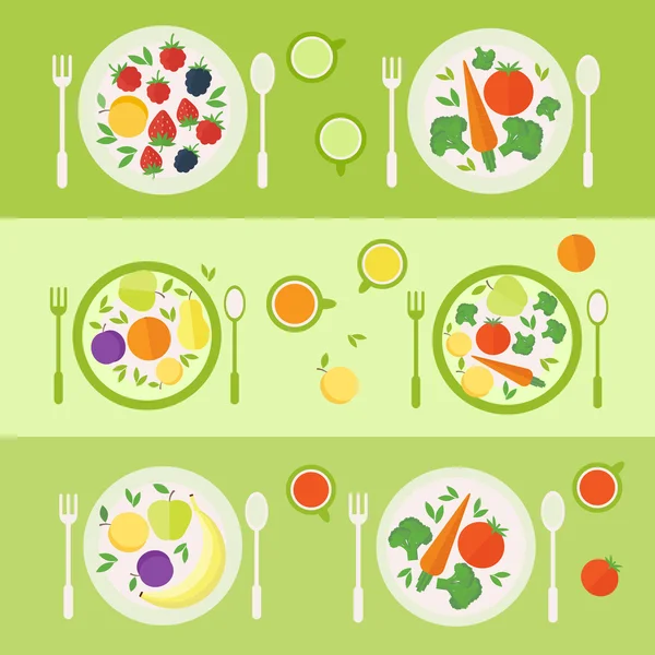 Platos con frutas y verduras. Hora del almuerzo. Ilustración de vector — Archivo Imágenes Vectoriales