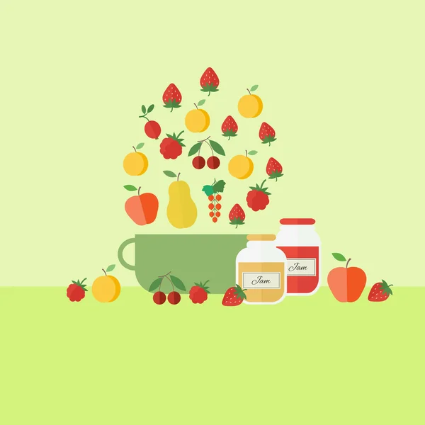 Illustration with fruits and coooking jars of jam — Stock Vector