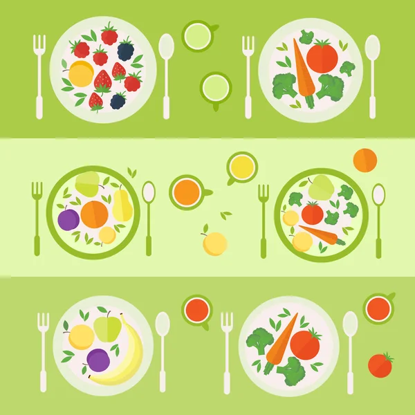 Platen met groenten en fruit. Lunchtijd. Vectorillustratie Stockvector
