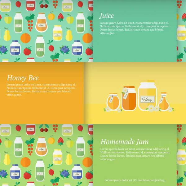 Vektor-Illustration. Karten mit Gläser Honig Saft und Marmelade — Stockvektor