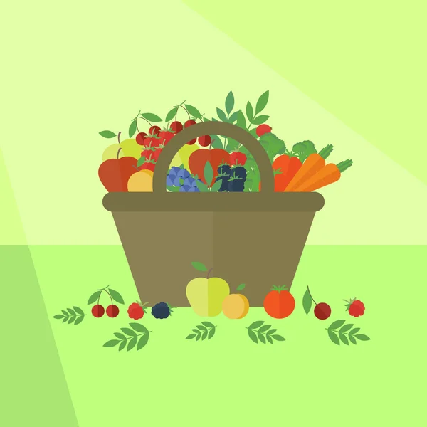 Tarjeta con frutas y verduras en estilo plano. Ilustración vectorial — Archivo Imágenes Vectoriales