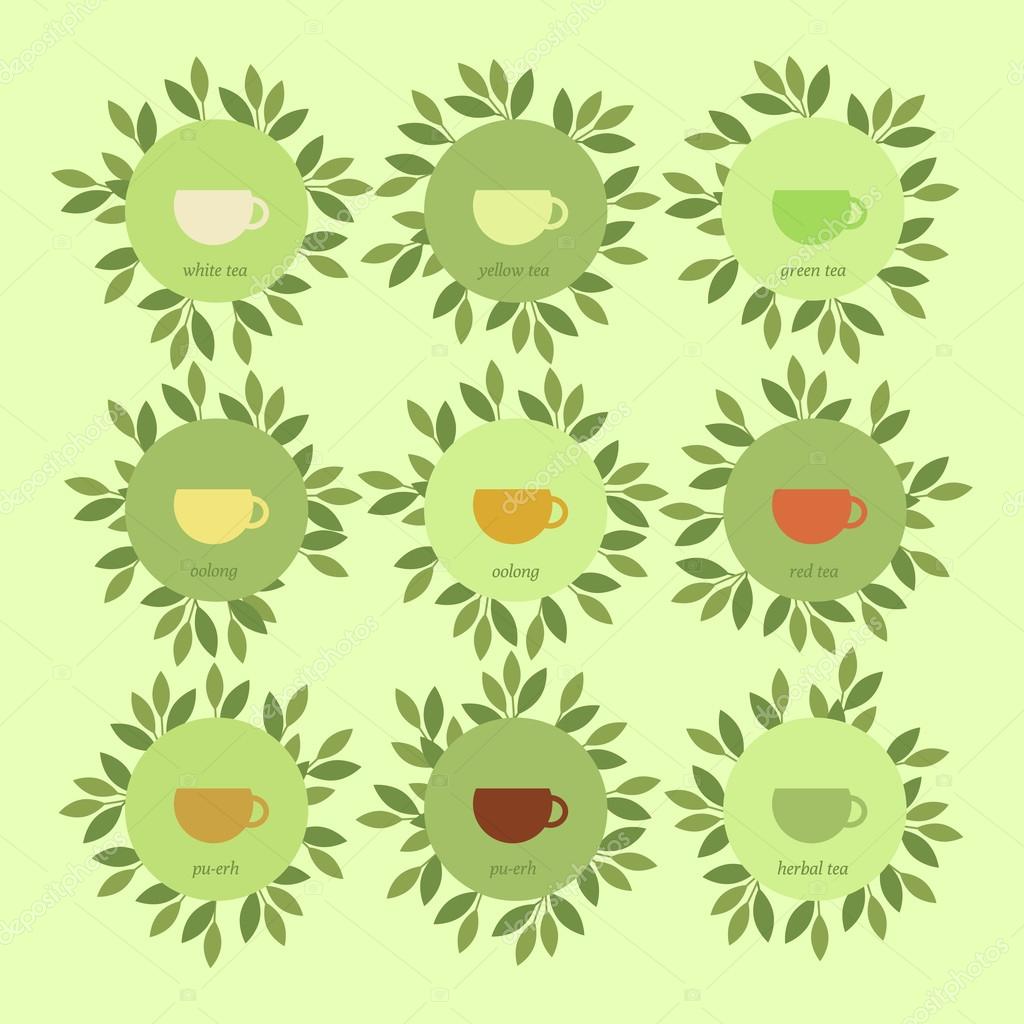 Vector illustration. Set of banners with cups of tea and leaves. Chinese tea and herbal