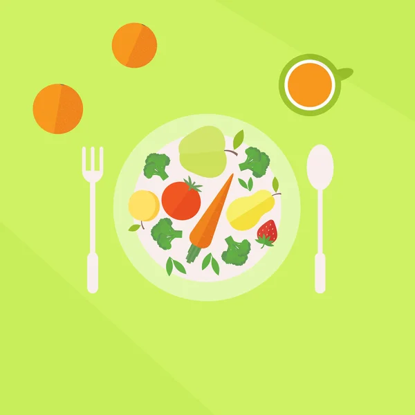 平板玻璃桌上的果汁和蔬菜水果。素食食品的概念 — 图库矢量图片