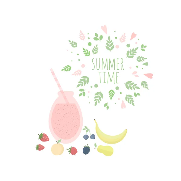 Ilustración con marco de hojas, jugo, frutas y bayas. Hora de verano — Vector de stock